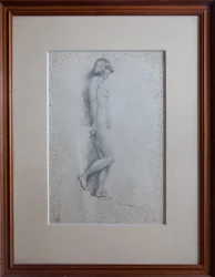 Nude, full length profile view, right foot raised